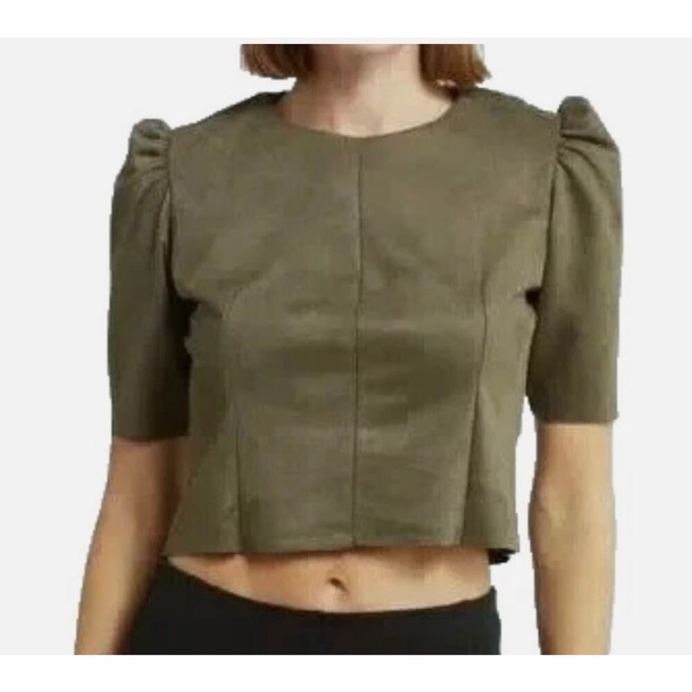 Tahari Faux Leather Suede Puff Sleeve Cropped Blouse Olive Short Sleeve Zip LRG